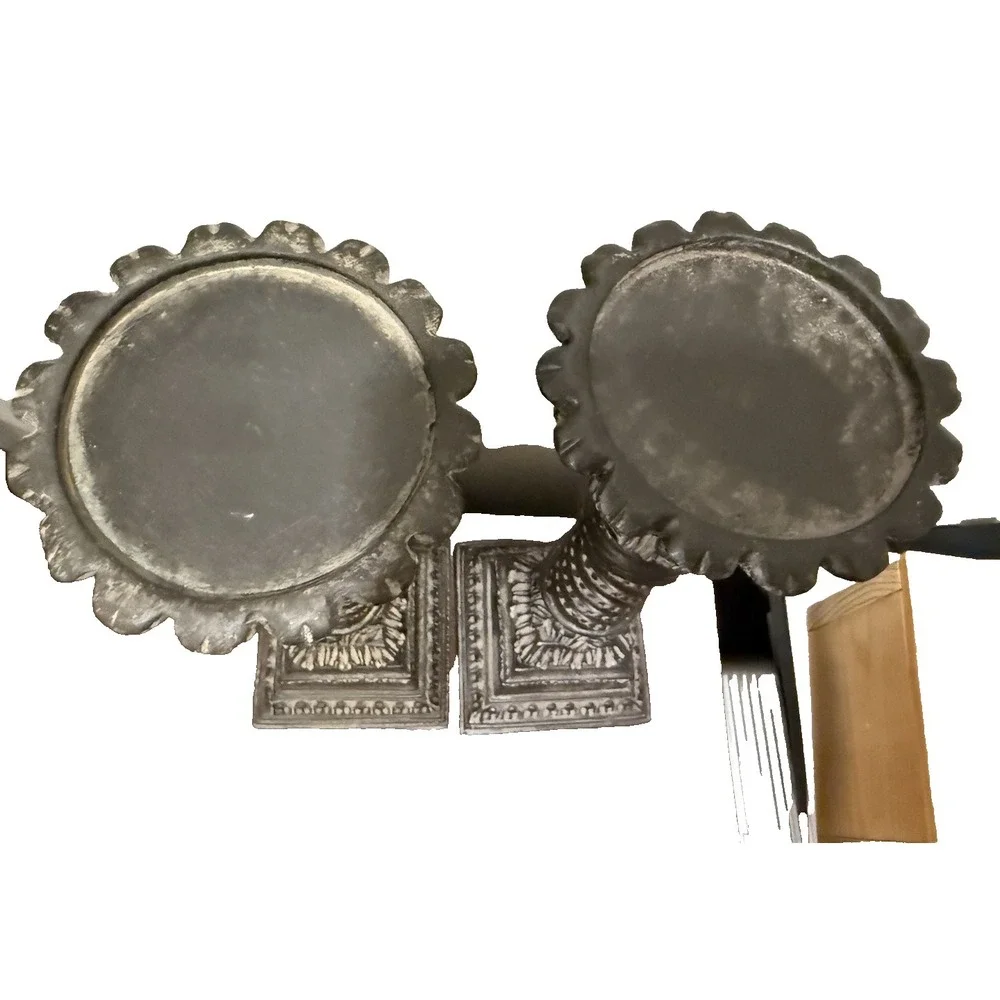 Pair Of Vintage Carved Black‎ Distressed Candle Pillars Holders 14